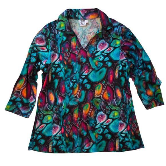 Parsley & Sage Abstract Top, Three-quarter sleeve, v-neck, collar & pockets sz M - Picture 2 of 9